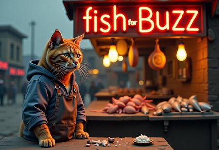 a realistic picture, , ((cute muscular orange cat wearing hoodie with apron  standing in front of his fish stall in fish market, on top of his street stall ,The neon signs glow warmly reads "fish for Buzz ", creating a nostalgic atmosphere (dynamic lighting:1,0),  background, ruined market after war, in midle eastern country ,(intricate details,naturalism,hyperdetailed,hyperrealistic:1.55)
 mvpstrCE style 
((((Display the text help me with buzz!" on a movie poster)))). no human