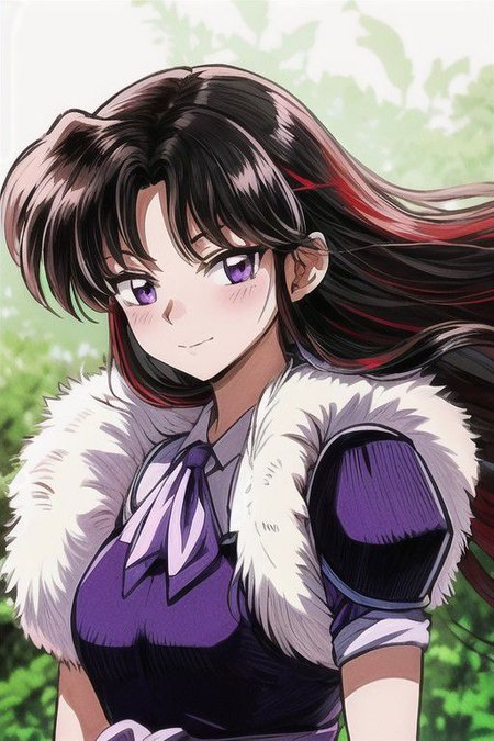 masterpiece,  best quality 1girl Setsun4 solo long hair,  (night time) forest background black hair very long hair purple eyes multicolored hair armor (fur trim) (medium body),<lora:EMS-179-EMS:0.800000>,<lora:EMS-293862-EMS:0.800000> bow, hair_bow, hair_tubes, red_bow, brown_hair, long_hair, bangs, ascot, frilled_bow, yellow_ascot, blush, smile, hair_between_eyes, athletic, armor, miko