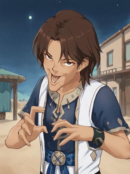 score_9, score_8_up, score_7_up, source_anime, BREAK
<lora:age_slider_v4:0>, (outdoors, desert town, night time, beautiful night sky:1.5), (upper body, closeup:1.5), BREAK
 <lora:Genshin_NPC_NerminRaef_Pony_v1:0.8>, 1boy, graef, brown hair, brown eyes, short hair, parted bangs, (dark skin, very dark skin:1.5), green shirt, white vest, sash, (short sleeves:1.3), green sleeves, shoes, black pants, white footwear,, BREAK
<lora:Concept_Meme_Joey_Wheelers_Creepy_Chin_B:1>, Joey_Chin_B, open mouth, HANDS UP, OPEN HAND, solo,