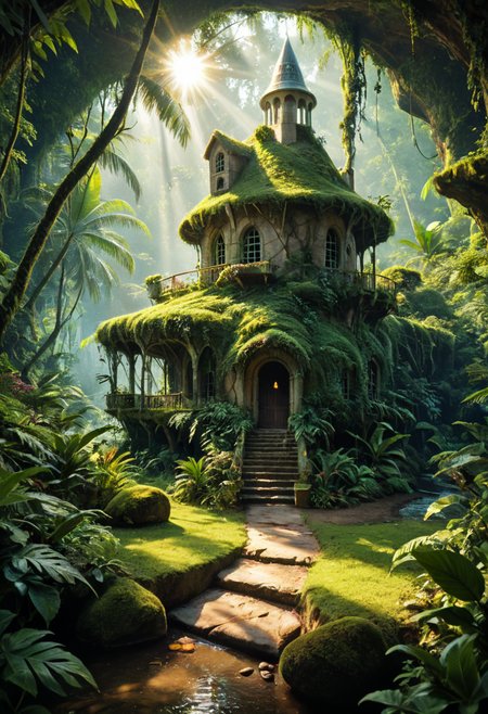 score_9, score_8_up, score_7_up, zPDXL3, detailxl, 
<lora:add-detail-xl:1> <lora:xl_more_art-full_v1:0.7> a beautiful painting of a glass dome house in a tropical rainforest, sun rays, by greg rutkowski, fantasy, artstation, award - winning, nature