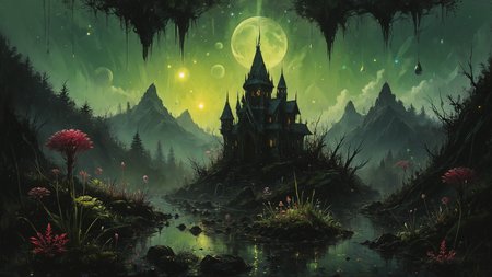 alien landscape, Floating spires crowned with glowing crystals, Moss-covered rocks beside serene mountain stream , alien [fauna:flora:0.5], Volumetric lighting, <lora:Misty_Vintage:0.8>, <lora:ral-colorswirl:0.7> ral-colorswirl, <lora:great_lighting:0.4> great lighting