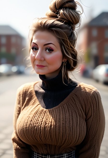 Voluptuous, attractive 80 years old woman, mascara, long eye-lashes, eyeliner, Dark-brown hairbun, huge ass, tight silk blouse, tight plaid trousers, deep-cutting panty lines 
booty-view, glancing over shoulder
Old fashioned fairground 
<lora:Carolanne_Pony:0.7>
