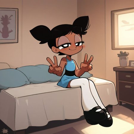 score_9, score_8_up, score_7_up, score_6_up, score_5_up, score_4_up, BREAK, source_anime, connie_maheswaran, indoors, short twintails, black hair, small breasts, black footwear, white thighhighs, smile, smug, blush, blue top, sleeveless, blue miniskirt, peace sign, pantsless, powerpuff, dark-skinned female, 1girl, sitting, indoors, living room, on bed,