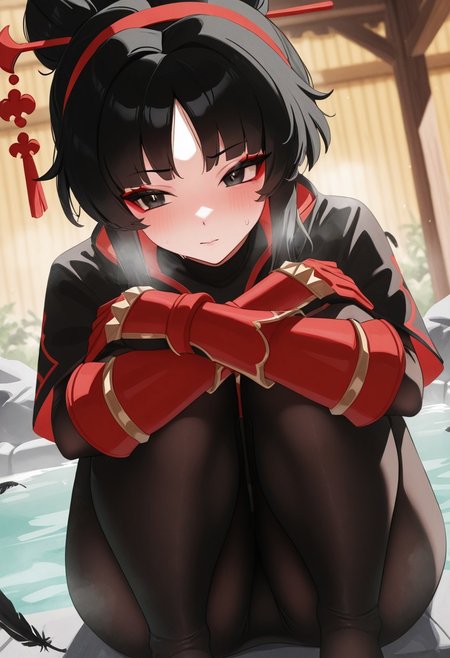 ricerice,  outdoors, undershirt, falling feathers, black bodysuit, hair stick, hugging knees, knees to chest, gauntlets, eyeshadow, red gloves, two sides up, black capelet, red hairband, black eyes, 1girl, solo, feet, visible breath, dynamic angle, foreshortening, smell, steam, onsen, water