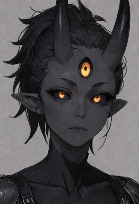 score_9, score_8, score_7, score_6, (masterpiece), best quality, expressive eyes, perfect face, ((te'kharoth, third eye), tail, horns), spiky hair, messy hair, ponytail hair, thick hair, black hair, black sclera), 1girl, gold eyes, wings, BREAK, armor, line under eyes