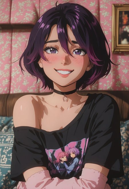 (masterpiece), (best quality), (ultra-detailed), 
hyper-realistic illustration, 1girl, 18 years old, perfect face, cute, petite, cute face, (detailed background, cozy interior background:1.5), focus on her adorable face, medium distance, multicolored hair, black hair, purple hair, pink hair, short hair, black choker, oversized top hanging off shoulder, bare shoulder, short sleeves, arm warmers, black clothes, pink clothes, 90's fashion, blush, shy smile, detailed face,