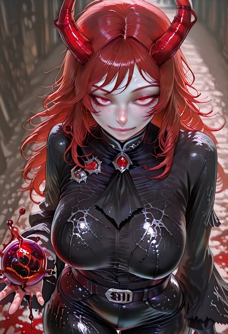 very aesthetic, masterpiece, best quality, highres, absurdres, amazing quality, high resolution, 1girl, solo, medieval background, detailed eyes, perfect eyes, expressive eyes, Expressiveh, vivid colors, realistic lighting, perfect anatomy
Red Eyes, long hair, red hair, pale skin, voluptuous, cellulite, chubby, large breasts, ((uneven eyes)), freckles, lots of freckles, crazy eyes, wide hips
black gloves, sharp fingers, black shirt, button up shirt, button down shirt, black ascot, black frills, buttons, wide sleeve cuffs, black belt, black cuffs, gambeson, black leggings, shiny leather

blurred blood bending horns, liquid horns made of blood stream), blurred fleshy red horns roots,  bending blood in the shape of a (swirling orb:1.3), high angle, close-up on hands,reflective blood textures, intense, mystical atmosphere,