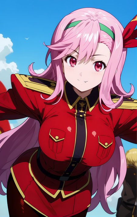 (score_9, score_8_up, score_7_up), standing, leaning forward, looking at viewer, light smile, closed mouth, shiny skin, tight clothes,
ohwx, 1girl, solo, pink_hair, long_hair, hairband, pink_eyes, red eyes, heart, fang, fang_out, breasts, large_breasts,
uniform, military_uniform, military, skirt,
fantasy,
cowboy shot, dutch angle, close-up,
 <lora:shiria_ootsuka_pony_ss:1>