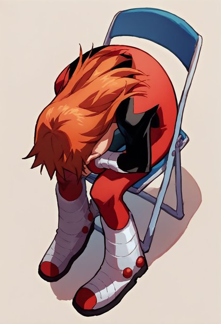 score_9, score_8_up, score_7_up, solo, 1girl, female focus, source_cartoon, 2D, solo, julie_power, red hair, flat chest, super_suit, shinjichair, sitting, head down, chair