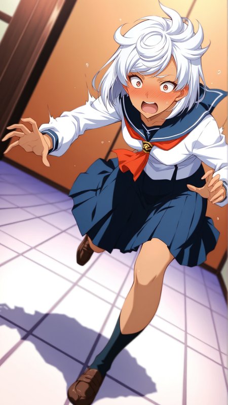 source_anime, general, best quality, masterpiece, 1girl, <lora:Tissisaaq_ill_v1.0:1> tissisaaq\(scarlet grace\),white hair, short hair, dark skin, dynamic pose, dutch angle, serafuku, panicking, embarrassed,  full body,