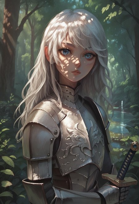 score_9, score_8_up, score_7_up, score_6_up, CRPST Style, detailed drawing, 1girl, beautiful, white hair, long hair, bangs, fair skin, old armor, sword, forest, dappled sunlight, upper body, looking at viewer, blue eyes, reflections