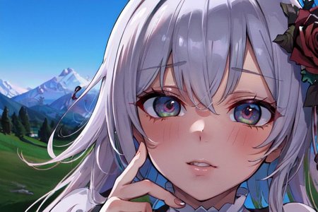 (masterpiece:1.4), 4K8K, (anime style), (high shutterspeed:1.4), (sharp edges), 
SyFyEye1, 
1woman  hands togather,  leaning foward, face focus, 
wearing Celtic style dress, (Detailed face, Detailed eyes), 
any colored roses, Alps in the background,