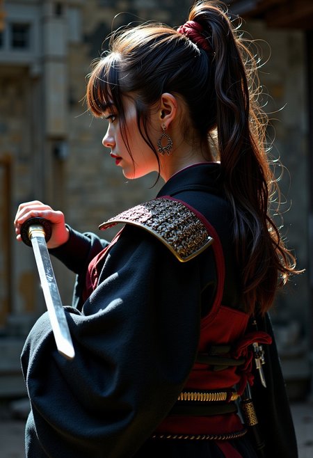 female japanese samurai, ponytail, kimono with a samurai pauldron, chiascuro, silhoutetted, katana, directional lighting, masterpiece, perfect composition, perfect hands, cowboy shot. mythp0rt