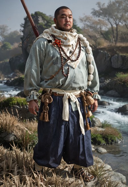 Zpdxl3, Score_7_up, score_8_up, full body, solo male,
BREAK,
1boy, Norio, shaved head, stubble, Japanese clothing, spear, weapon on back, hands on hips, looking offscreen, outdoors, daytime,