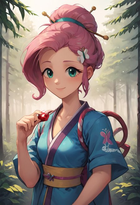 SFW, rating_all, score_10, score_8_up, score_7_up, Equestria girls, (((human))), 1female, (((solo))), (((extreme closeup shot))), (((Fluttershy) cosplaying) as Ayame), short hair, bangs, (pink hair), hair ornament, sidelocks, hair bun, (aqua eyes), kimono, single hair bun, hair stick, sly expression, proud smile, ((holding aqua-colored chaos emerald)), detailed, vector, flat colors