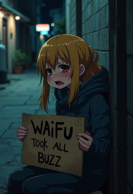 japanase anime style a homeless gyaru woman, dirty blonde hair and smeared makeup, looks scared, crying,  dark night alleyway at night, cinematic lighting, sitting against a wall. She is holding a cardboard sign that reads, "waifu took all my buzz"