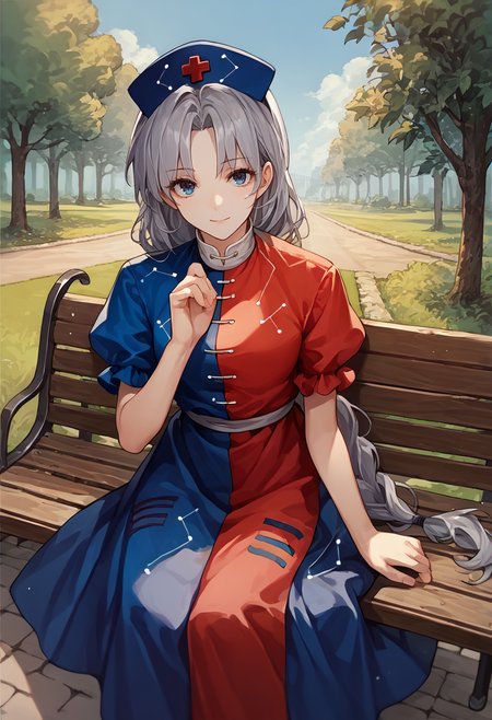 score_9, score_8_up, score_7_up, source_anime, solo, 1girl, yagokoro eirin, smile, looking at viewer, sitting, park bench, grey hair, single braid, nurse cap, red cross, multicolored dress, red dress, blue dress, constellation print, puffy short sleeves, outdoors <lora:touhou_yagokoro_ponyXL:1>
