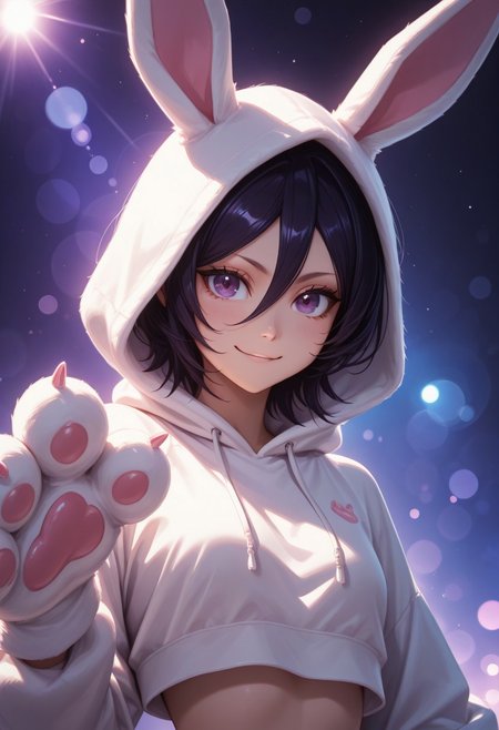 score_9, score_8_up, score_7_up, dynamic view, eye_focus, solo, 1girl, masterpiece, best quality, bokeh, luminescent background, 
bcrka, black hair, short hair, hair between eyes, dark purple eyes
amazing quality, aesthetic, absurdres, best quality, 4k, cropped hoodie, paw gloves, rabbit hood, playful smile