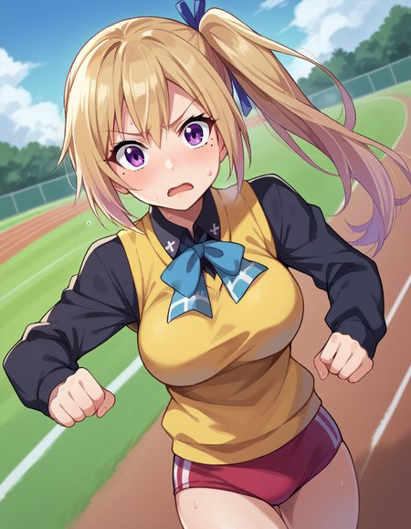 score_9, score_8_up, score_7_up, source_anime,
maikawakami, <lora:mai-kawakami-ponyxl-lora-nochekaiser:1>,
mai kawakami, blonde hair, hair ribbon, long hair, mole, mole under eye, ribbon, side ponytail, purple eyes
sweater vest, vest, yellow vest, buruma,
outdoors, track and field, running, sweat, sweatdrop,
looking at viewer, dutch angle, cowboy shot,