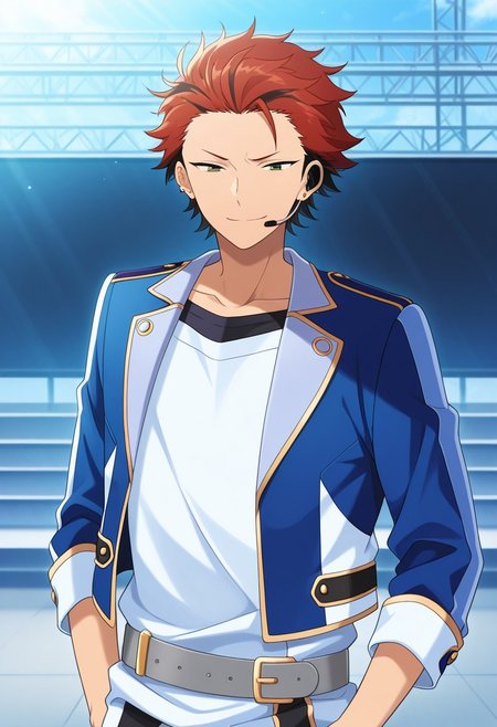 masterpiece,best quality,amazing quality, source_anime, 
kuroooky, 1boy, male focus, solo, green eyes, red hair, multicolored hair, jewelry, earrings, ear piercing, idol academy uniform, headset, collarbone, shirt, white shirt, jacket, blue jacket, lapels, open jacket, belt, grey belt, smile,
outdoor, stage,
