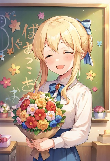 score_9, score_8_up, score_7_up, source_anime,kurarisu, blonde hair, closed eyes, 1girl, flower, chalkboard, smile, solo, open mouth, bouquet, bow, indoors, hair bow, blush, holding, sidelocks