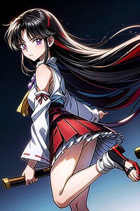 masterpiece,  best quality 1girl Setsun4 solo long hair,  (night time) forest background black hair very long hair purple eyes multicolored hair armor (fur trim) (medium body),<lora:EMS-179-EMS:0.800000>,<lora:EMS-293862-EMS:0.800000>ascot, bare shoulders, black footwear, detached sleeves, embellished costume, frills, japanese clothes, nontraditional miko, red skirt, sandals, sarashi, skirt, socks, white sleeves, white socks, wide sleeves, yellow ascot, zouri, armor, miko