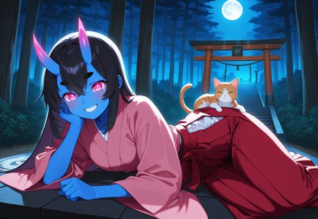 1girl, Kuroni Black, colored skin, deep blue skin, Aka-Oni, oni girl, straight horns, black hair, long straight hair, pink eyes, glowing eyes, short thick eyebrows, masterpiece, best quality, absurdres, 
japanese clothes, kimono, hakama skirt,
outdoors, night, moon, store stairs, torii gate, shinto shrine, forest,
solo, lying, on side, head rest, cat on person, kitten, grin, happy,
intricate, highly detailed, majestic