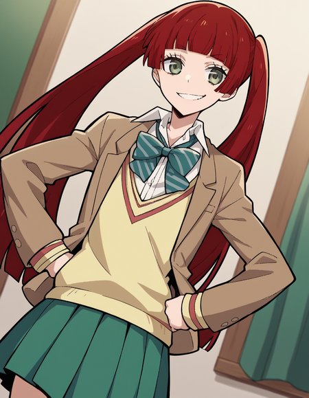 score_9, score_8_up, score_7_up, source_anime, <lora:n-arisugawa-oc-ponyxl-lora-nochekaiser:1>, n-arisugawa, long hair, red hair, bangs, blunt bangs, hime cut, grey eyes,, twintails, skirt, long sleeves, school uniform, jacket, miniskirt, green skirt, blazer, brown blazer, sweater vest, yellow sweater vest, bowtie, green bowtie, striped bowtie, collared shirt,, indoors, smug, smile, looking at viewer, solo, hands on hips,, cowboy shot, dutch angle