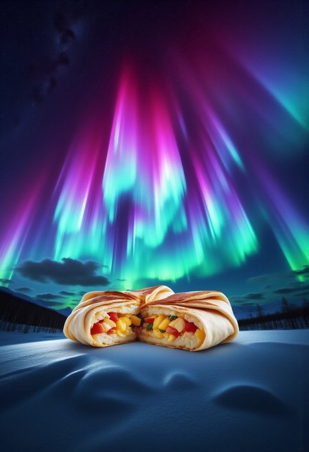 Digital artwork showcasing a breathtaking aurora borealis display in a nighttime landscape. The central subject is an open breakfast crunchwrap with cross section of layered ingredients with fillings  inside a folded grilled toasted tortilla, stylized in glowing, ethereal colors, rendered in vibrant hues, appearing to be formed by the swirling aurora lights.