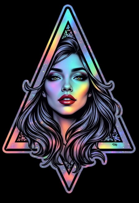 vibrant reflective holographic drawing in the style of ckhg, logo, an oriental woman's face, dark eyeshadow, red lips, flowing hair, bordered by a triangle, dark background