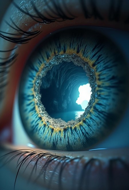 A close up of an eye. Inside the eye is a cave that continues for infinity. It gets lighter the deeper it gets. The deeper it gets the more reality changes and becomes abstract