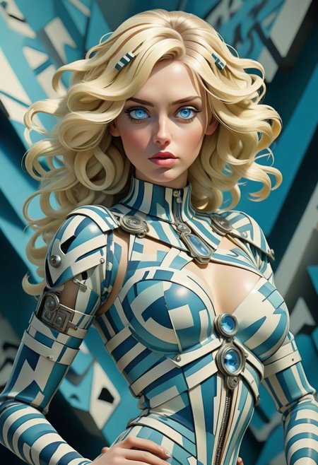 meta;;ic chrome beautiful female android with ((psychedelic)) angular ww1 dazzle camouflage. ((various poses.   large breast. blonde hair, blue eyes.
