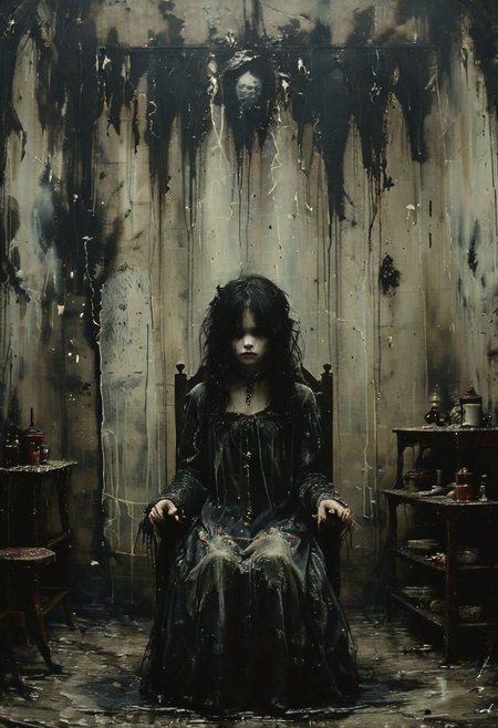A sinister scene takes shape in the eerie confines of a Victorian-era orphanage. Inside the dimly lit and decaying building, a young girl, dressed in a tattered but ornate Victorian dress, stands as a haunting figure. The flickering candlelight casts eerie shadows on the cracked, peeling wallpaper, revealing the child's pallid, ghostly face. An old, creaking rocking chair sways ominously in the background as if moved by an unseen presence. The atmosphere is heavy with dread and mystery as the girl's eyes gleam with an otherworldly malevolence. Capture the chilling essence of this scene in your art, embodying the eerie history and dark secrets lurking within the forsaken orphanage, perfect composition, beautiful detailed intricate insanely detailed octane render trending on artstation, 8 k artistic photography, photorealistic concept art, soft natural volumetric cinematic perfect light, chiaroscuro, award - winning photograph, masterpiece, oil on canvas, raphael, caravaggio, greg rutkowski, beeple, beksinski, giger