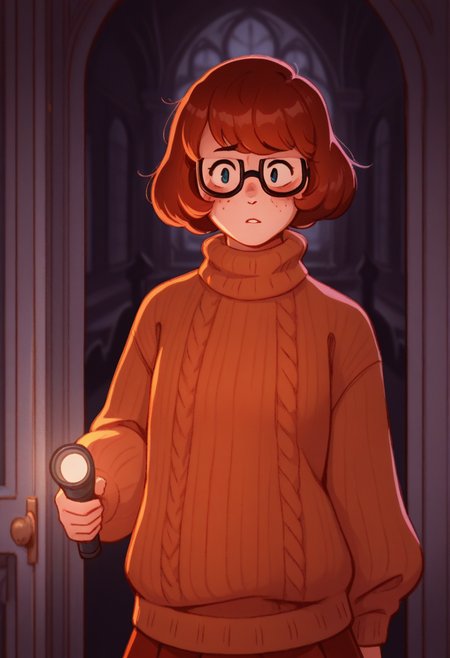 WhimsiFantasystyle,  masterpiece, best quality, solo,                                                                                                                                                         velma dace dinkley, sweater, glasses, freckles, spooky mansion interior, holding flashlight, worried,
