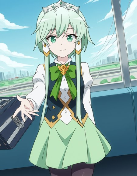 score_9, score_8_up, score_7_up, source_anime, <lora:lucia-rea-regulus-s2-ponyxl-lora-nochekaiser:1>, lucia rea regulus, long hair, green eyes, sidelocks, green hair, hair tubes, short hair with long locks,, skirt, long sleeves, dress, bow, pantyhose, bowtie, black pantyhose, green bow,, train station, waiting for train, suitcase, traveling, commute, city skyline, hands behind back,, smile, on back, arm support, arms up, incoming hug, pov, reaching, reaching towards viewer,, looking at viewer, solo,, dutch angle, cowboy shot