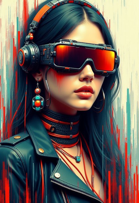 masterpiece, ((inkpunk cell-shaded style)), realistic painting, portrait of a beautiful cyberpunk girl,  leather jacket, earrings, necklace, cyberpunk headgear, mad-cybrpnkimprss