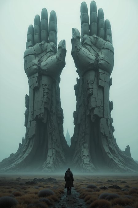 In an endless expanse of desolate plains shrouded in moody fog, two colossal hands made of ancient, weathered stone rise skyward, their ragged surfaces cracked and etched with the wear of time. The fog drapes the scene in an eerie stillness, emphasizing the towering height of the hands as they vanish into the mist above. The plains stretch infinitely in every direction, barren and silent, while faint, diffused light filters through the haze, casting soft, shifting shadows across the jagged surfaces of the stone. The hands seem frozen in a silent, eternal struggle, their presence both haunting and awe-inspiring in the boundless, fog-drenched expanse.