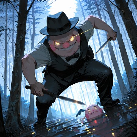 masterpiece, best quality, amazing quality, very aesthetic, absurdres, newest, scenery, volumetric lighting,
dutch angle,  forest, Sinozick_illu, gradient, pokemon \(creature\), mr. mime, yellow eyes, glowing eyes, eye trail,  fedora,  holding knife, looking at viewer, detailed, sadism, smirk,  <lora:Sinozick_style:0.7> <lora:Detailer_NoobAI_Incrs_v1:1.2>
masterpiece, best quality, amazing quality, very aesthetic, absurdres, newest, scenery, volumetric lighting