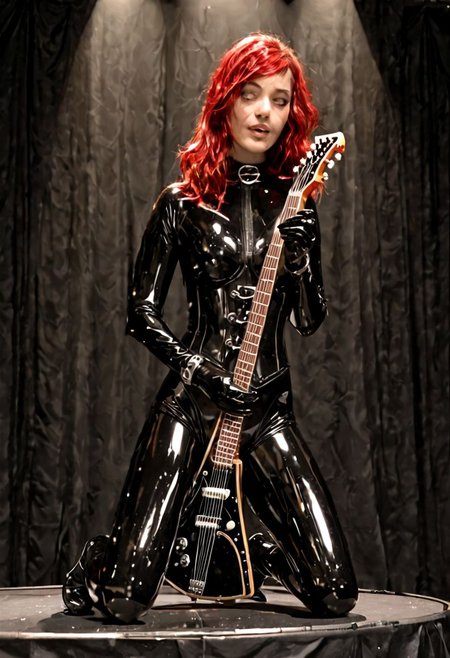Felecia Manning, a cute young woman in a latex catsuit , glossy, shiny catsuit, heavy rubber corset, latex gloves, fetish wear. lace up thigh high boots. red hair. on a concert stage, in a metal band, playing a guitar.