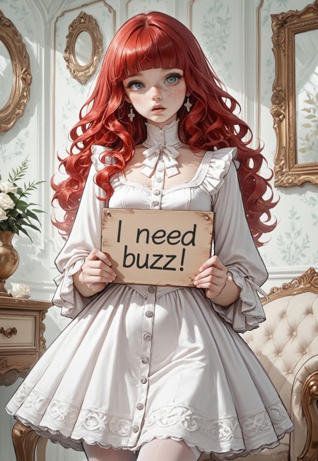 high_quality, highres, detailed, masterpiece, best quality, absurdres, Claudia, ClaudiaRH, 1girl standing, long red hair, wavy hair, blunt bangs, no glasses, small breasts, slim, pale skin, freckles, pleading expression, wearing Jedgthd, (white dress), lace, high neck, long ruffled sleeves, white pantyhose, silver buttons, sweet, Victorian furniture, need_buzz, holding sign,