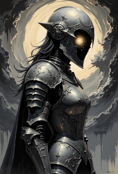 A hauntingly cinematic pen and ink character portrait in a dark gothic fantasy horror style, set against a chaotic abstract background of swirling, expressive brushstrokes in deep blacks and grays. The subject is a female knight in ornate, intricately detailed gothic-inspired armor, her helmet's visor lifted to reveal a horrifying void within, a swirling, formless darkness that seems to pulse with an otherworldly energy. The knight's pose is slightly tilted, as if caught mid-movement, her armor gleaming faintly with subtle, otherworldly highlights that contrast starkly against the oppressive shadows. The overall composition is highly detailed, with a focus on dramatic lighting and shadows, creating a sense of eerie tension and foreboding mystery., soft pastel anime, in the style of ck-ovf, ck-70scf,.,Pen and ink, dark gothic fantasy horror, cinematic character portrait, chaotic abstract background, dark swirling brushstrokes, ornate armor, female knight, void face, intricate details, high contrast, eerie lighting, dynamic pose, otherworldly energy, gothic-inspired design, subtle highlights, oppressive shadows, dramatic shadows,, soft pastel anime, in the style of ck-ovf, ck-70scf,.,<lora:Soft_Pastels_Anime_-_FLUX:0.335> soft pastel anime,<lora:dark_fantasy_flux:0.385><lora:ck-OneViolentFantasy-000021:0.42> in the style of ck-ovf,<lora:ck-70sScifi:0.523> ck-70scf