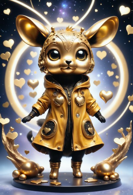 a cute zhibi domestic animal <lora:zhibi:0.8> made out of Jed-ANC <lora:ArtNouveauCopperStyle:0.9>, cuteness overload, surrounded by stardust and floating hearts <lora:heartmiststyle:0.5> in a starLS fantasy landscape <lora:stardustlandscapes-000006:0.7>, average chic, (yellow jacket:1.2) , ultrarealistic, horror, anime, sci-fi, holy, badge, positive emotional, dynamic dramatic atmosphere, fine detail, enchanted