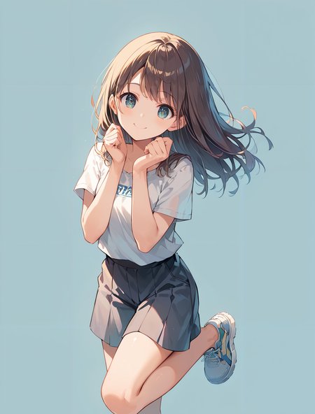 score_9, score_8_up, score_7_up,source_anime, high res image,masterpiece,best quality,(girl:1),cute face,clear skin,shiny hair,ultra detailed eyes,simple background   <lora:burikko pose_pony_V1.0:0.8> burikko pose, hands up,standing on one leg,smile