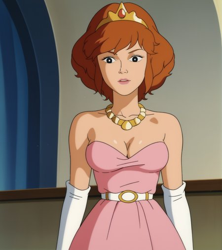 score_9, score_8_up, score_7_up,  
apriloneil, tiara, princess dress, cleavage, 1girl, solo, indoors, white elbow gloves, gold necklace, retro_artstyle, cartoon, source_cartoon, lowres, 1990s_(style), <lora:April_ONeil:1>