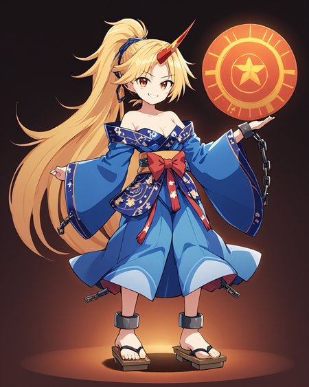 hoshiguma yuugi,1girl, solo, blue_kimono, geta, single_horn, wide_sleeves, off_shoulder, ponytail, bare_shoulders, grin, long_sleeves, full_body, one_eye_closed, star_\(symbol\), sash, shackles, teeth, standing, chain, red_horns
<lora:hoshiguma_yuugi_image3866_2023-12-17-000008:1>,star-shaped_pupils,symbol-shaped_pupils,. gorgeous,key visual, vibrant, studio anime,award-winning, professional, highly detailed,high budget, cinemascope