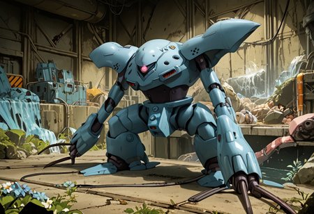 score_9, score_8_up, score_7_up, source_anime, front view, BREAK,  ( hygogg, blue_hygogg_armor, pink monoeye, from side, looking at viewer, long arms, very long arms, long claws) 1mech, blue mech, wide mech, large shoulders, large shoulder armor, mech focus, solo, BREAK, two arms, sewers, ruanyi0826,ruins,water,cable,indoors,drainpipe