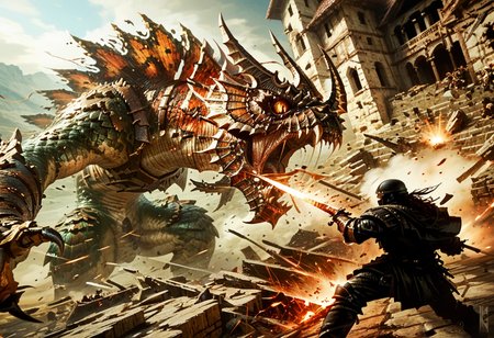 DIMStyle, (zoomed out), black knight fighting a giant dragon, epic fantasy battle, dramatic feel, high detail, high definition, sharp focus, best quality, score_9, score_8_up, score_7_up