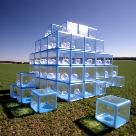 cubes in a hyper-real early 1990s computer graphic format sitting in a field they are made out of translucent bubbles