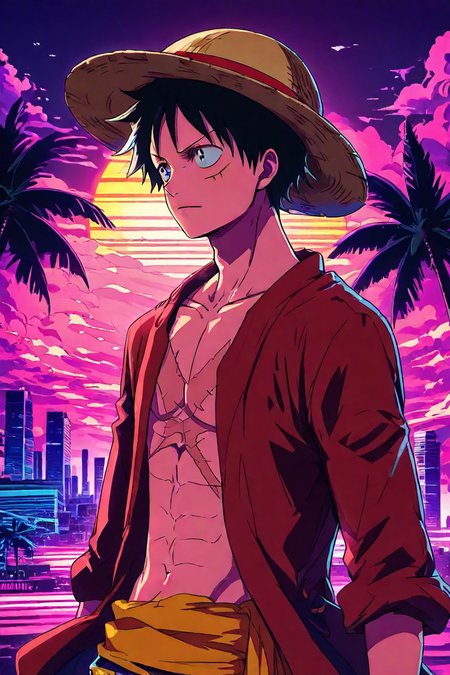 score_9, score_8_up, score_7_up, score_6_up, score_5_up, score_4_up,   <lora:LUFFY_pony_XL:0.6>, Luffy, red jacket, scar on chest, straw hat, black hair, 1boy, solo, alone, <lora:Vaporwave_anime_style_illustriousXL:1>, vaporwave_style, vaporwave,  sun background, horizontal striped sun, palm tree,  pink cloud, building, masterpiece, highres