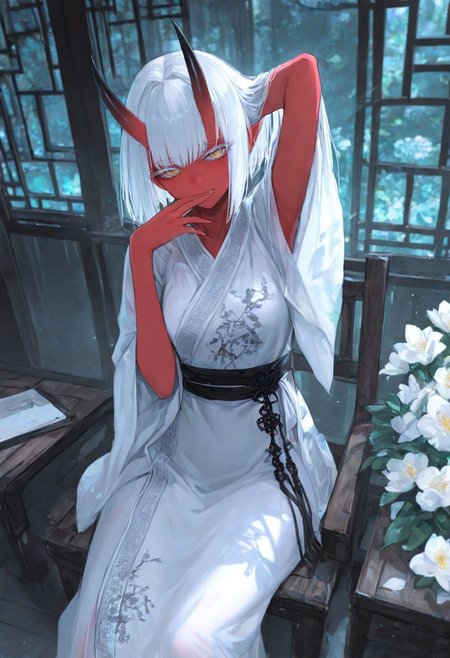 masterpiece, best quality, Good quality, very aesthetic, absurdres, newest,1girl, light rays, looking at viewer, solo, 
Cinematic Lighting, gradient color,
BREAK
masterpiece, amazing quality, best quality, ultra-detailed, 8K, illustration, CG, ultra-detailed-eyes, detailed background, eyelashes, erotic, looking seductive, coy. dynamic action image, detailed face, detailed eyes, direct mesmerizing gaze, 
BREAK
Aka-Oni, oni, colored skin, red skin, smooth horns, black horns, 
BREAK
(aodai, white aodai, (vietnamese traditional costume,)), elegant, sitting, wood chair, flower, white Tuberose, smelling Tuberose, one hand behind head,